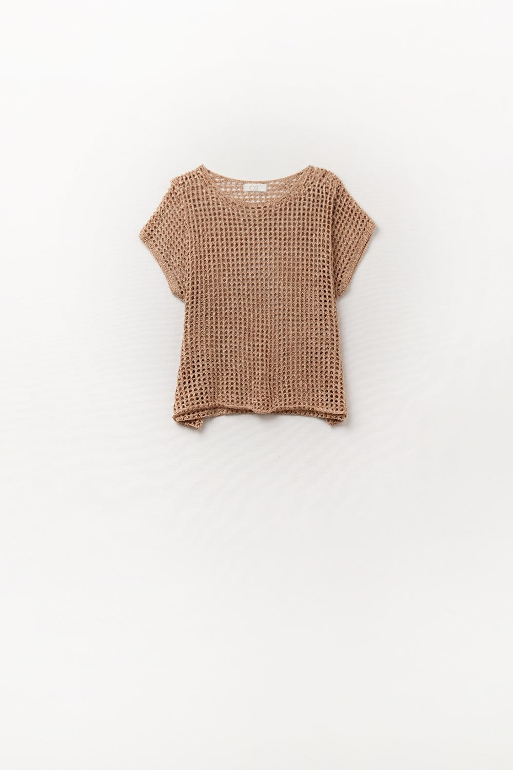 Q2 Women's Sweater One Size / Brown Open Knit Crochet Dropped Sleeved Top In Camel