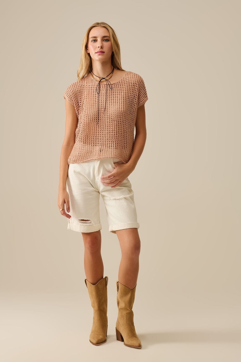 Q2 Women's Sweater One Size / Brown Open Knit Crochet Dropped Sleeved Top In Camel