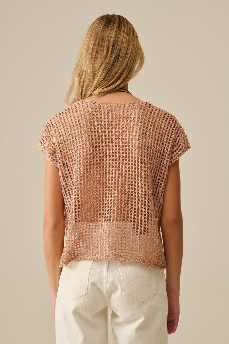 Q2 Women's Sweater One Size / Brown Open Knit Crochet Dropped Sleeved Top In Camel