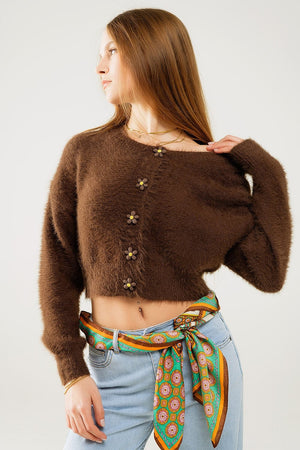 Q2 Women's Sweater One Size / Brown Short And Fluffy Brown Cardigan With Flower Buttons