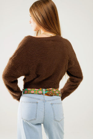 Q2 Women's Sweater One Size / Brown Short And Fluffy Brown Cardigan With Flower Buttons