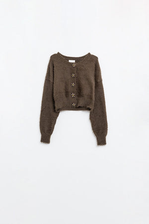 Q2 Women's Sweater One Size / Brown Short And Fluffy Brown Cardigan With Flower Buttons