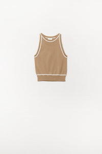 Q2 Women's Sweater One Size / Brown Sleeveless Sweater In Camel Featuring Detail White Lines