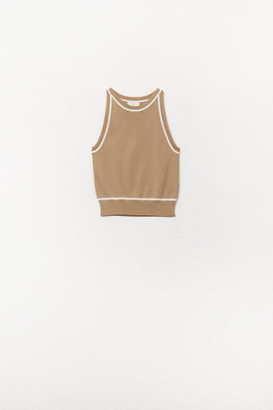 Q2 Women's Sweater One Size / Brown Sleeveless Sweater In Camel Featuring Detail White Lines