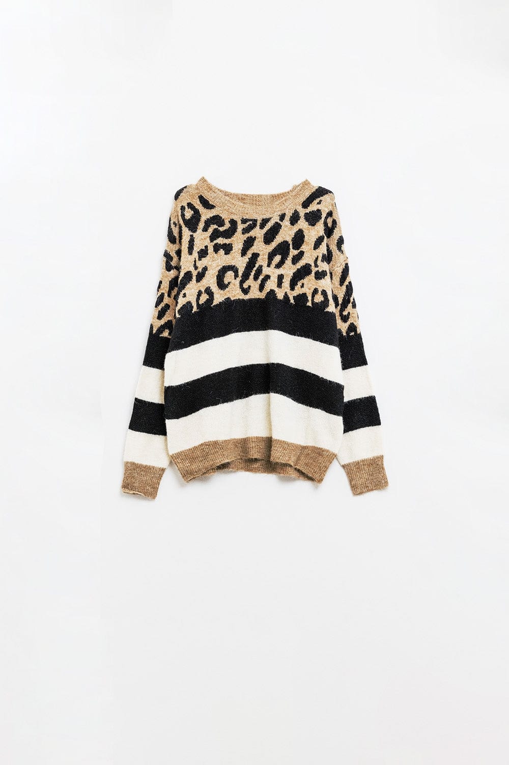 Q2 Women's Sweater One Size / Brown Stylish Knitted Panther Print Sweater With Black And White Stripes