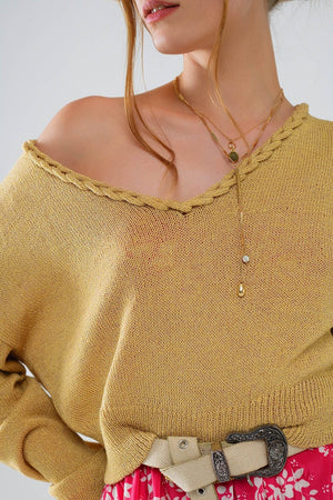 Q2 Women's Sweater One Size / Brown Wide V-Neck Light Sweater With Braided Detail In Gold