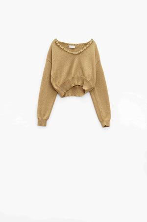 Q2 Women's Sweater One Size / Brown Wide V-Neck Light Sweater With Braided Detail In Gold