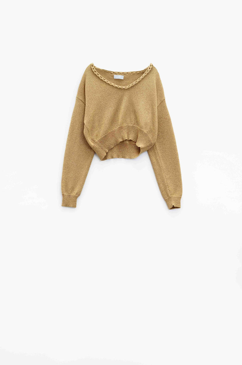 Q2 Women's Sweater One Size / Brown Wide V-Neck Light Sweater With Braided Detail In Gold