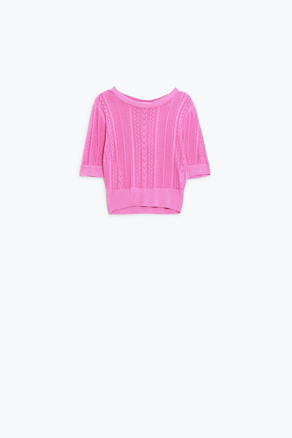 Q2 Women's Sweater One Size / Fuchsia 3/4 Sleeves Fuchsia Knit Sweater With Zig Zag Stripes Details