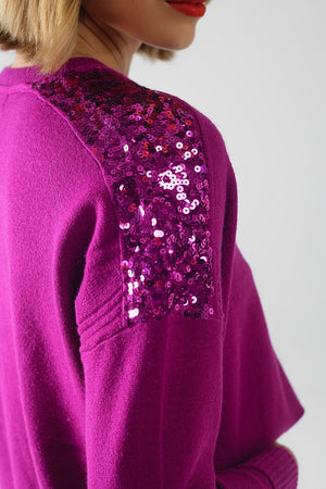 Q2 Women's Sweater One Size / Fuchsia Fuchsia Long Sleeves Sweater With Sequins On The Shoulders