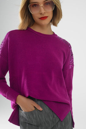 Q2 Women's Sweater One Size / Fuchsia Fuchsia Long Sleeves Sweater With Sequins On The Shoulders