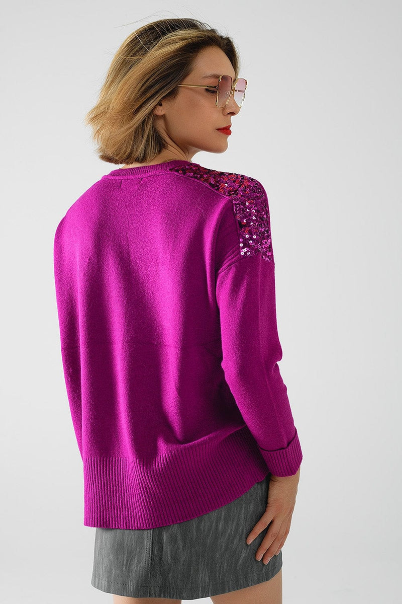 Q2 Women's Sweater One Size / Fuchsia Fuchsia Long Sleeves Sweater With Sequins On The Shoulders