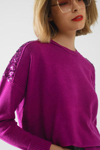 Q2 Women's Sweater One Size / Fuchsia Fuchsia Long Sleeves Sweater With Sequins On The Shoulders