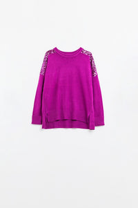 Q2 Women's Sweater One Size / Fuchsia Fuchsia Long Sleeves Sweater With Sequins On The Shoulders