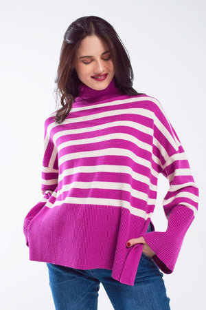 Q2 Women's Sweater One Size / Fuchsia Fuchsia Oversized Trutleneck Sweater With White Stripes And Splits On The Side