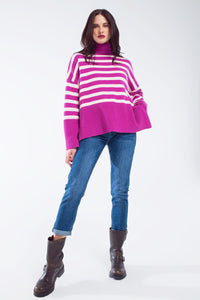 Q2 Women's Sweater One Size / Fuchsia Fuchsia Oversized Trutleneck Sweater With White Stripes And Splits On The Side