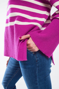 Q2 Women's Sweater One Size / Fuchsia Fuchsia Oversized Trutleneck Sweater With White Stripes And Splits On The Side