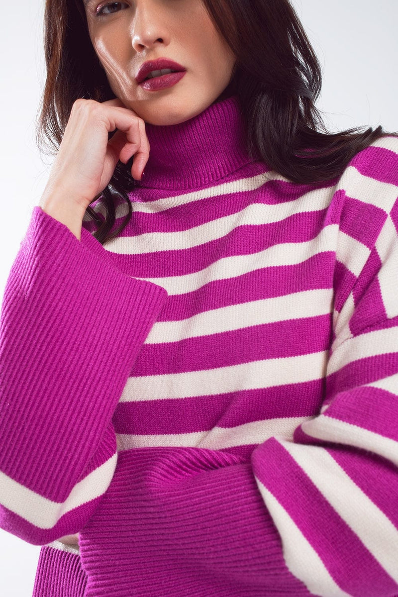 Q2 Women's Sweater One Size / Fuchsia Fuchsia Oversized Trutleneck Sweater With White Stripes And Splits On The Side