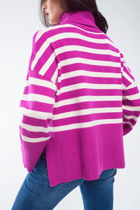 Q2 Women's Sweater One Size / Fuchsia Fuchsia Oversized Trutleneck Sweater With White Stripes And Splits On The Side