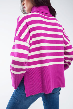 Q2 Women's Sweater One Size / Fuchsia Fuchsia Oversized Trutleneck Sweater With White Stripes And Splits On The Side