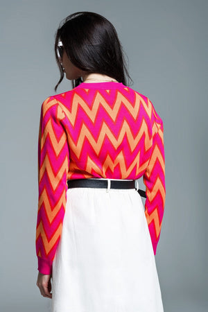 Q2 Women's Sweater One Size / Fuchsia Fuchsia  Sweater With  Zig Zag Print With Orange Details