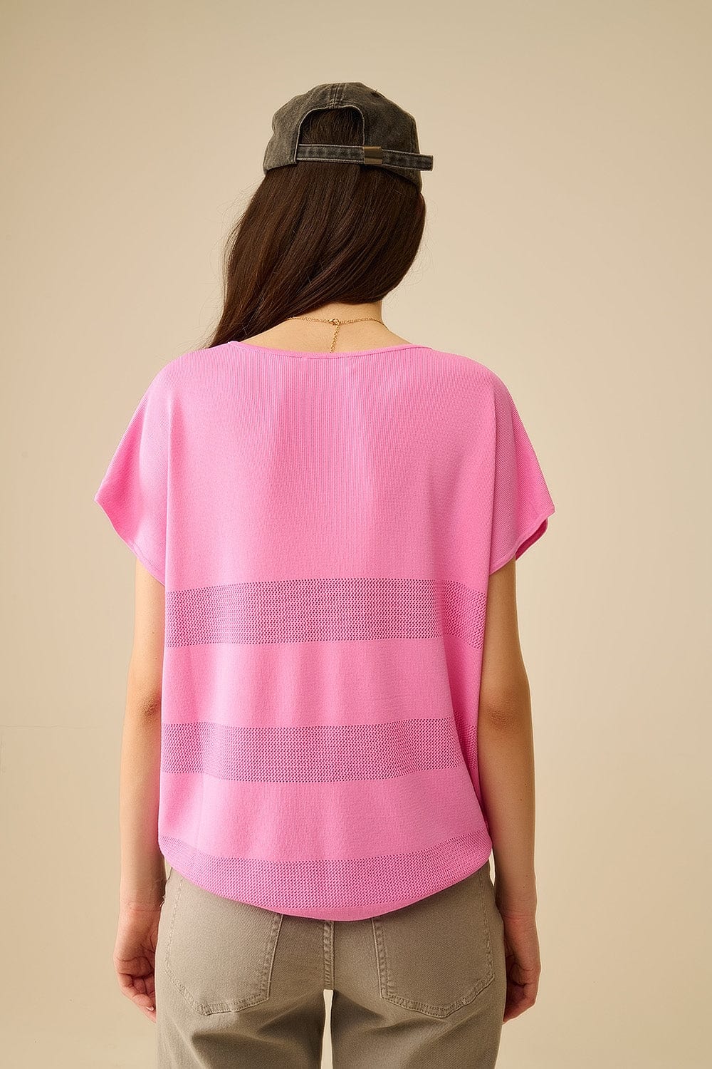 Q2 Women's Sweater One Size / Fuchsia Fuchsia V-Neck Knit Sweater With Open Stitch Detail