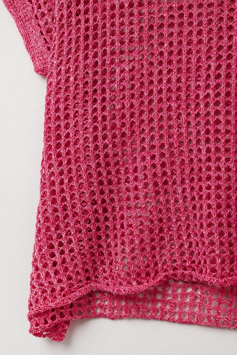 Q2 Women's Sweater One Size / Fuchsia Open Knit Crochet Dropped Sleeved Top In Fuschia
