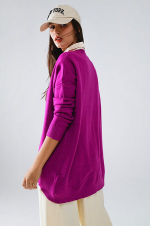 Q2 Women's Sweater One Size / Fuchsia Oversized Crew Neck Long Sleeve Sweater In Fuchsia