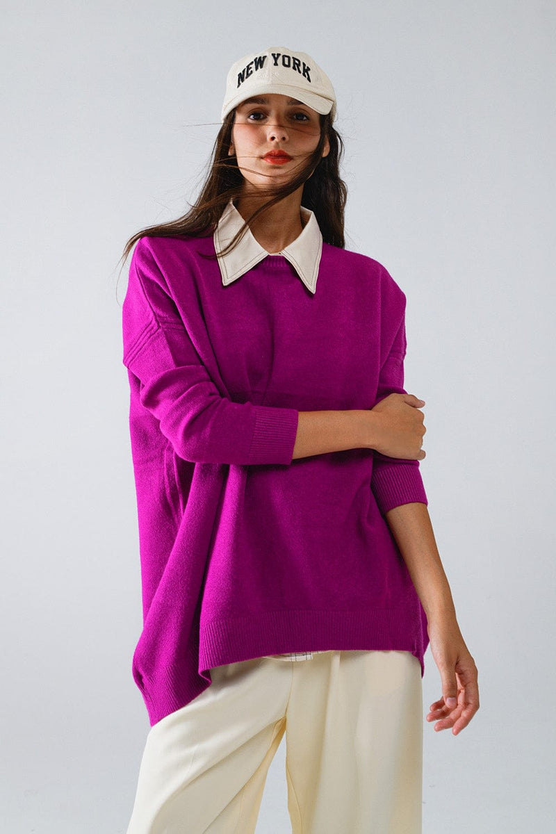 Q2 Women's Sweater One Size / Fuchsia Oversized Crew Neck Long Sleeve Sweater In Fuchsia