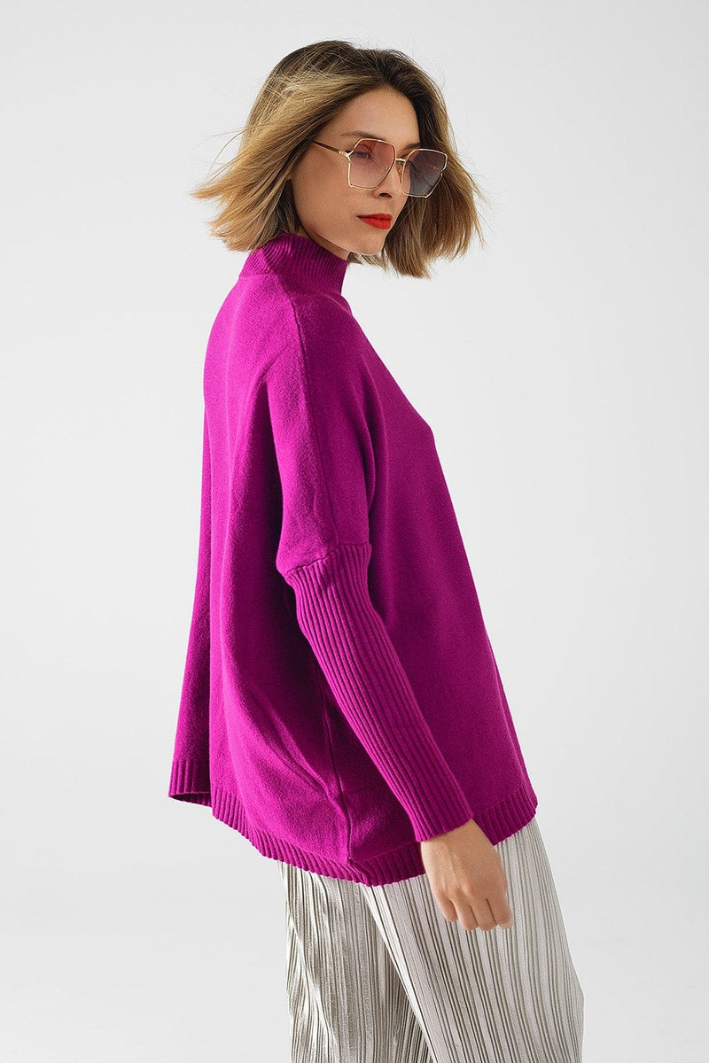 Q2 Women's Sweater One Size / Fuchsia Oversized Soft Fuchsia Sweater With Ribbed Sleeves