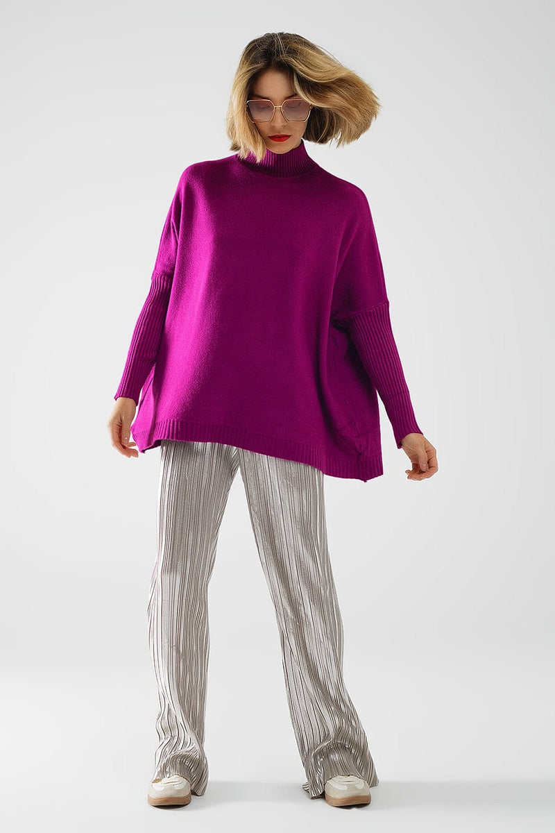 Q2 Women's Sweater One Size / Fuchsia Oversized Soft Fuchsia Sweater With Ribbed Sleeves