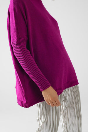 Q2 Women's Sweater One Size / Fuchsia Oversized Soft Fuchsia Sweater With Ribbed Sleeves