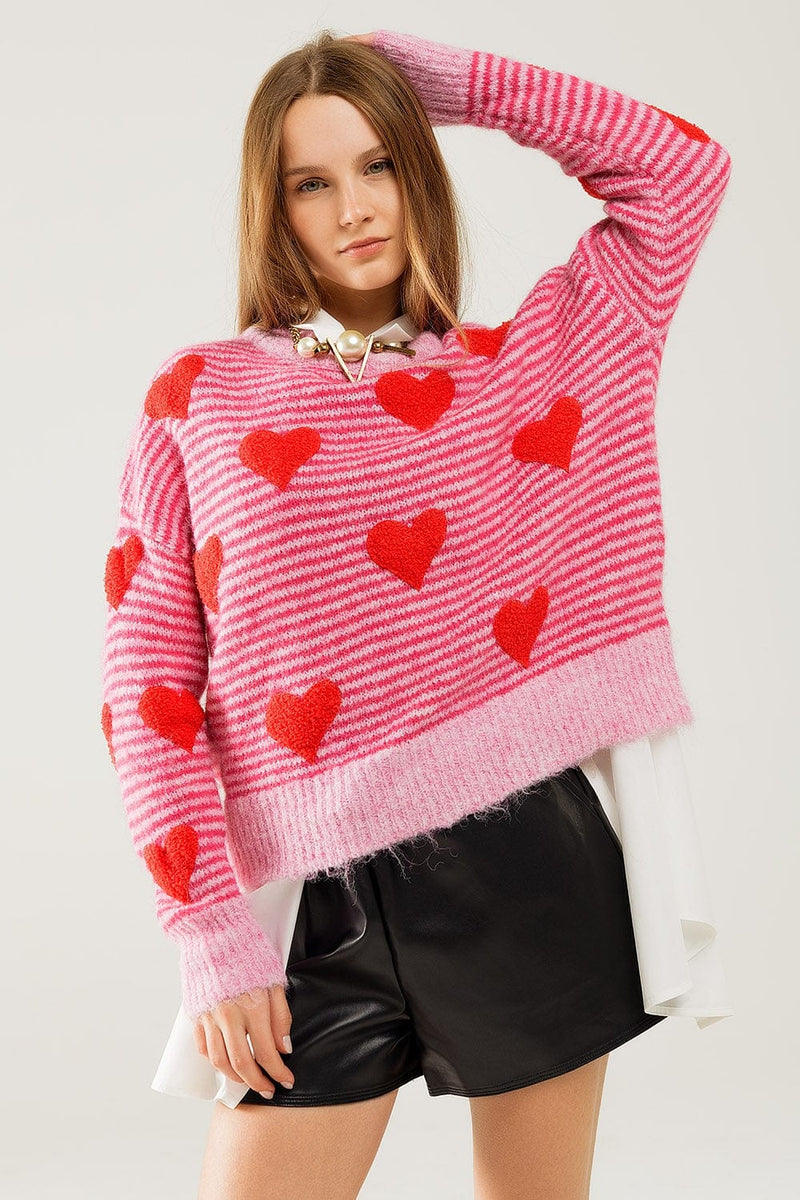 Q2 Women's Sweater One Size / Fuchsia Pink Striped Sweater With Hearts In Red Color