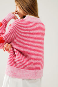 Q2 Women's Sweater One Size / Fuchsia Pink Striped Sweater With Hearts In Red Color