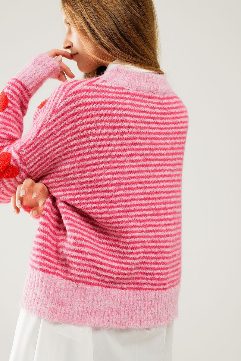 Q2 Women's Sweater One Size / Fuchsia Pink Striped Sweater With Hearts In Red Color