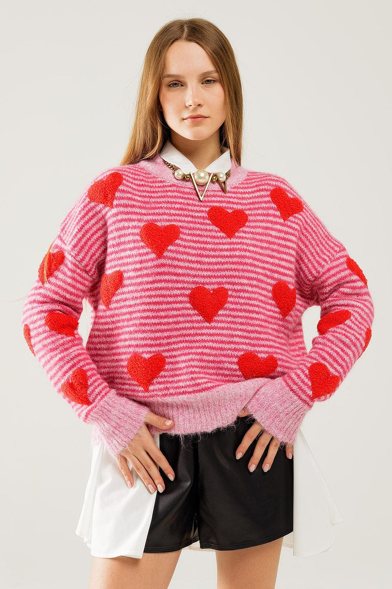 Q2 Women's Sweater One Size / Fuchsia Pink Striped Sweater With Hearts In Red Color