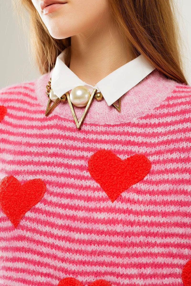 Q2 Women's Sweater One Size / Fuchsia Pink Striped Sweater With Hearts In Red Color
