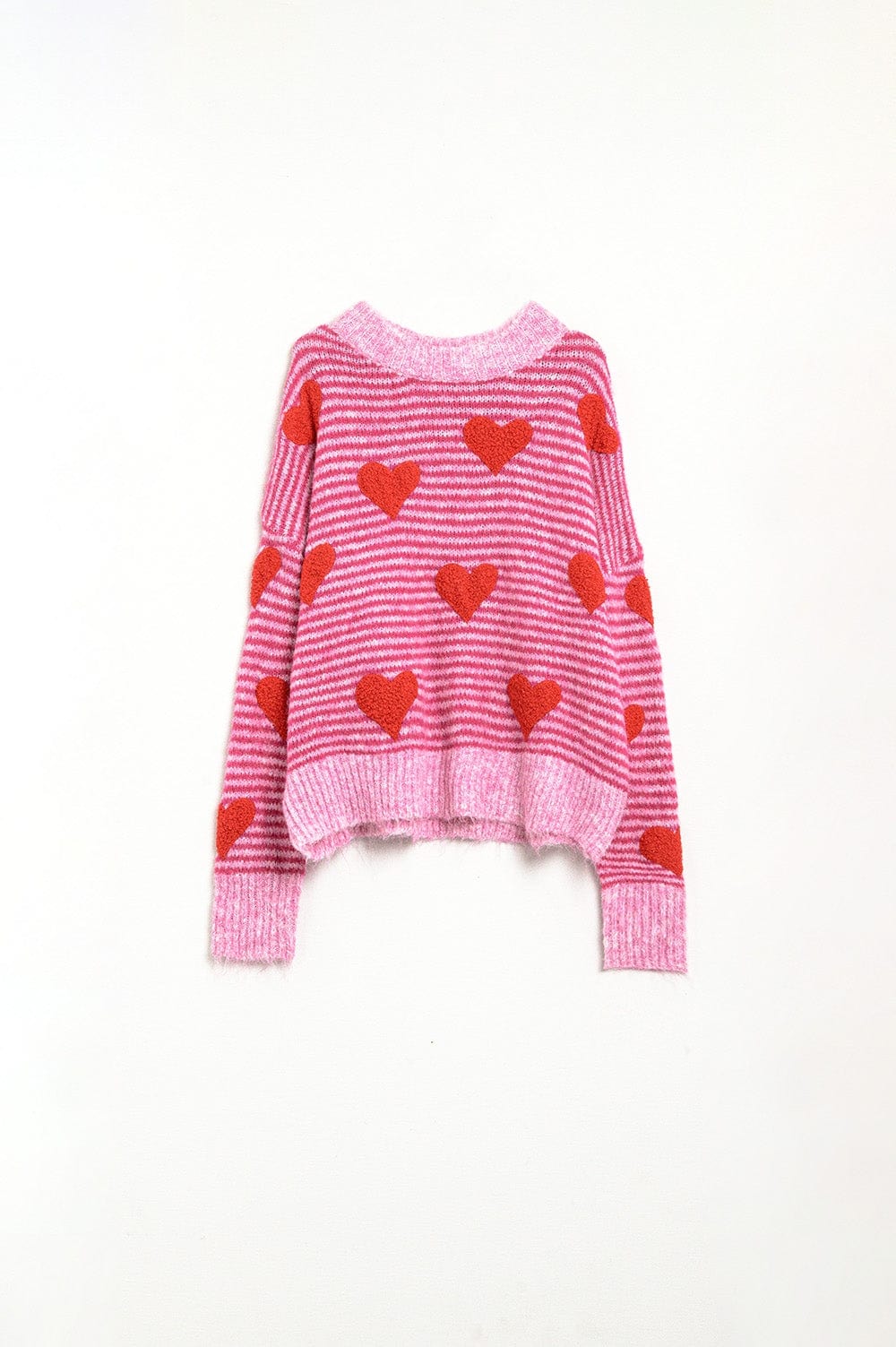 Q2 Women's Sweater One Size / Fuchsia Pink Striped Sweater With Hearts In Red Color