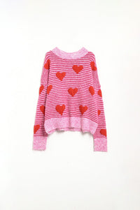 Q2 Women's Sweater One Size / Fuchsia Pink Striped Sweater With Hearts In Red Color
