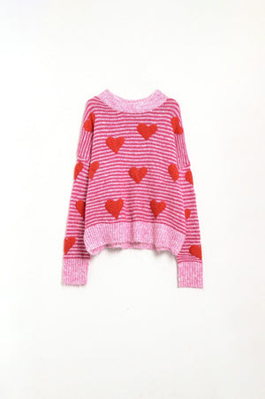 Q2 Women's Sweater One Size / Fuchsia Pink Striped Sweater With Hearts In Red Color
