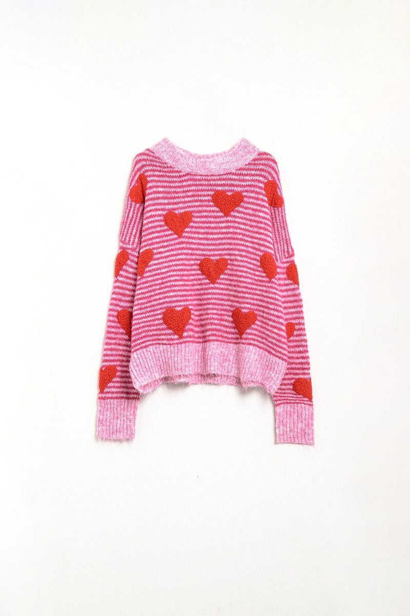 Q2 Women's Sweater One Size / Fuchsia Pink Striped Sweater With Hearts In Red Color
