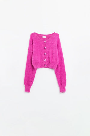 Q2 Women's Sweater One Size / Fuchsia Short And Fluffy Pink Cardigan With Flower Buttons