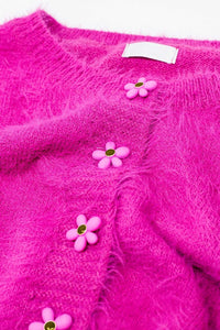 Q2 Women's Sweater One Size / Fuchsia Short And Fluffy Pink Cardigan With Flower Buttons