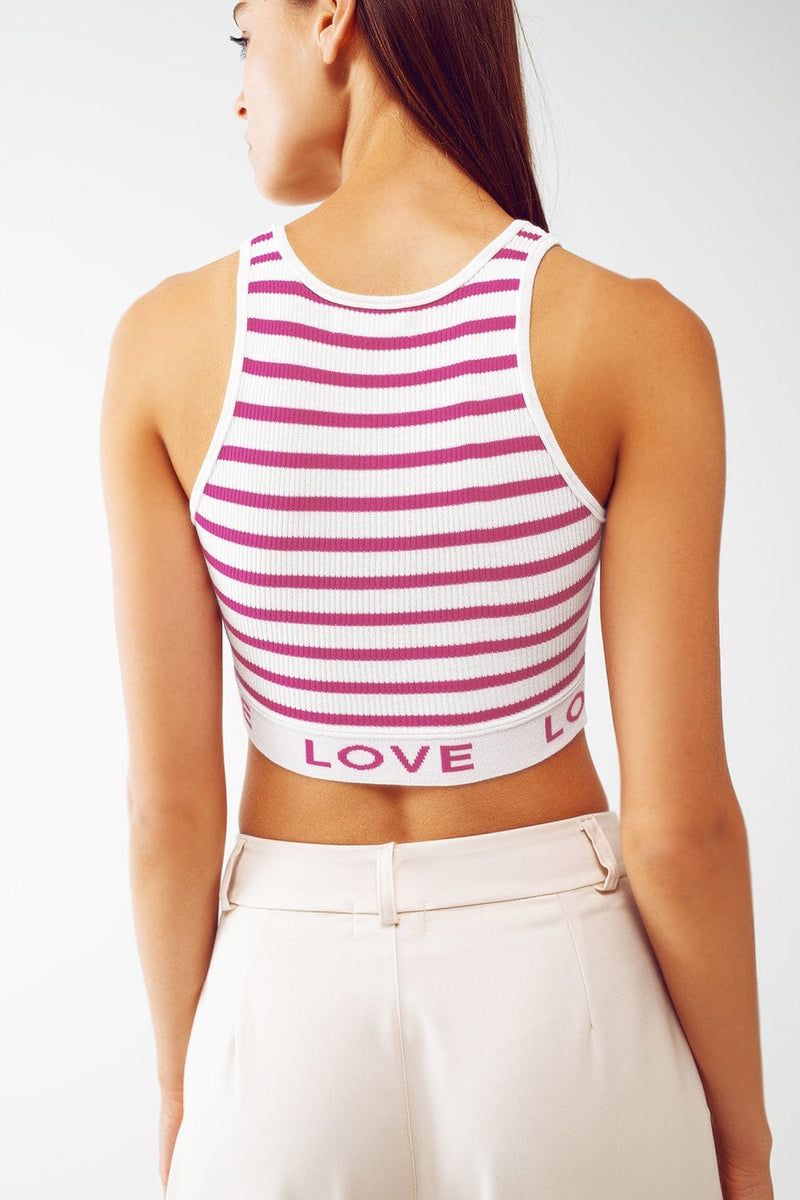 Q2 Women's Sweater One Size / Fuchsia Striped Cropped Top With Love Text In Pink
