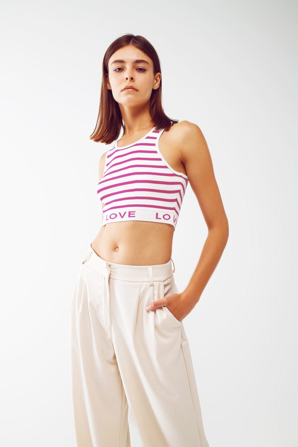Q2 Women's Sweater One Size / Fuchsia Striped Cropped Top With Love Text In Pink