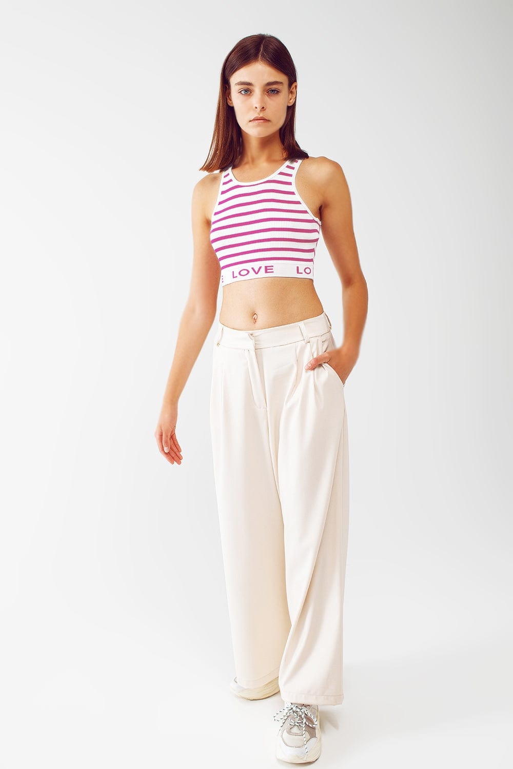 Q2 Women's Sweater One Size / Fuchsia Striped Cropped Top With Love Text In Pink