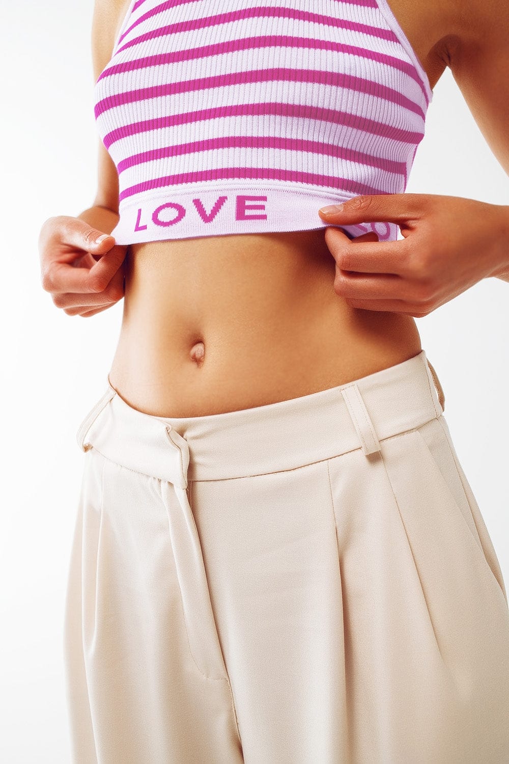 Q2 Women's Sweater One Size / Fuchsia Striped Cropped Top With Love Text In Pink