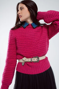 Q2 Women's Sweater One Size / Fuchsia Waffle Knit Relaxed Jumper With High Neck In Red