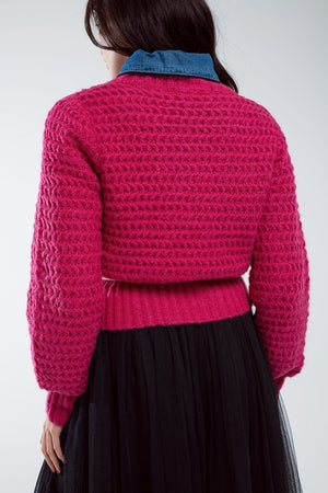 Q2 Women's Sweater One Size / Fuchsia Waffle Knit Relaxed Jumper With High Neck In Red