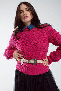 Q2 Women's Sweater One Size / Fuchsia Waffle Knit Relaxed Jumper With High Neck In Red